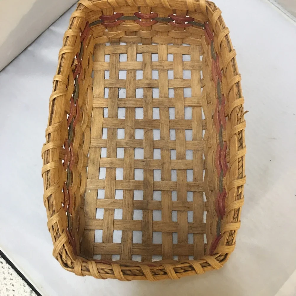 Handmade Woven Splint Basket Home Decor Natural Red Green 1992 Artisan Vintage